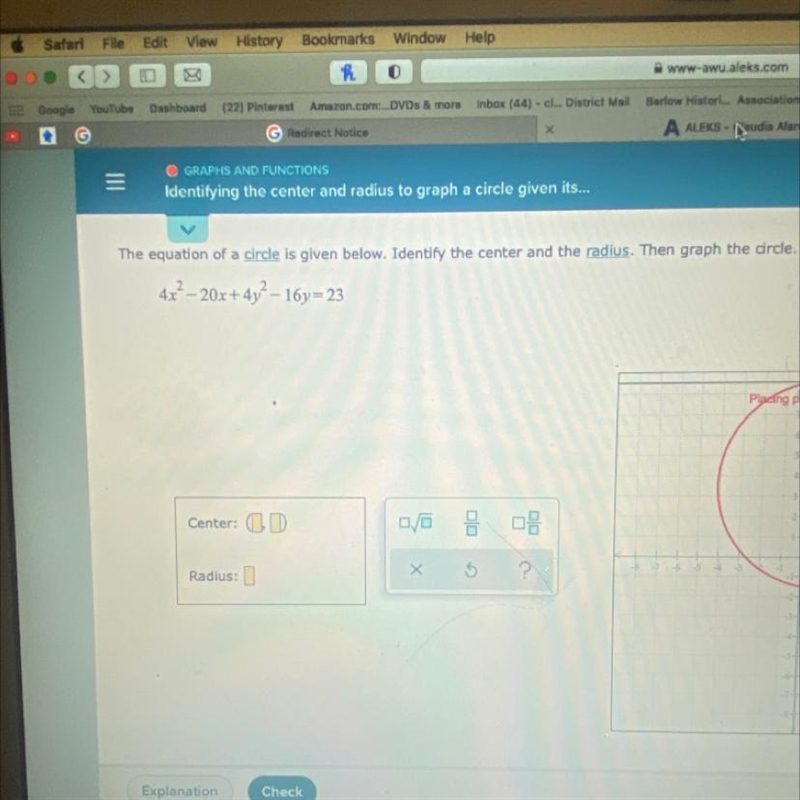 Identifying the center and radius to graph-example-1