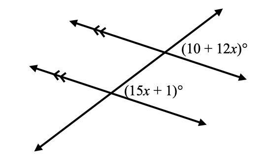 Use your knowledge of angle relationships to solve for x in the transversals below-example-1