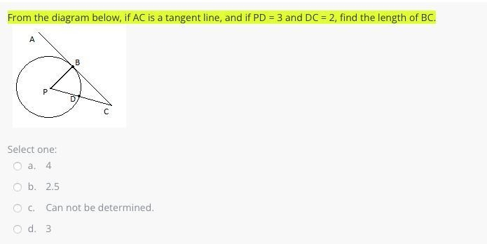 From the diagram below, if AC is a tangent line, and if PD = 3 and DC = 2, find the-example-1