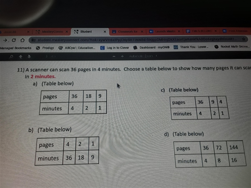 11) A scanner can scan 36 pages in 4 minutes. Choose a table below to show how many-example-1