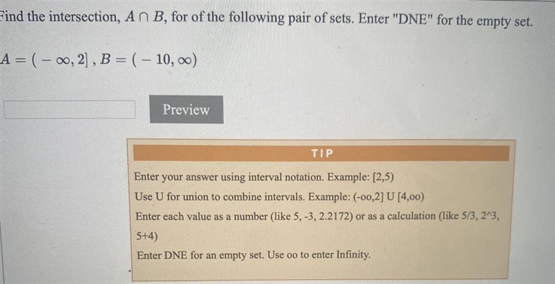 Find the intersection, An B, for of the following pair of sets. Enter "DNE&quot-example-1