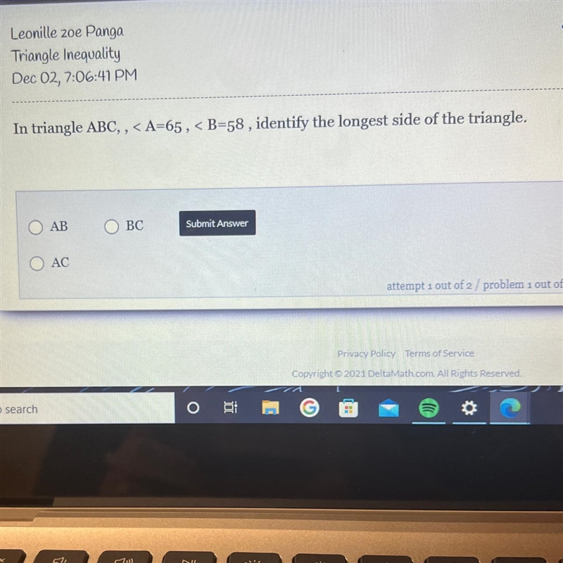 In the triangle abc a =65 b =58 identity the longest side of the triangle-example-1