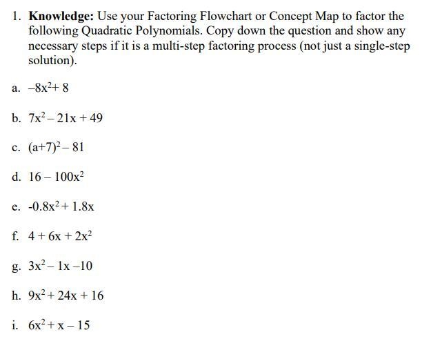 1. Knowledge: Use your Factoring Flowchart or Concept Map to factor the following-example-1