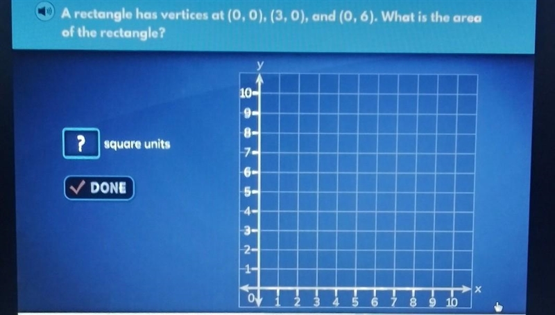 A rectangle has vertices at (0, 0), (3,0), and (0,6). What is the area of the rectangle-example-1