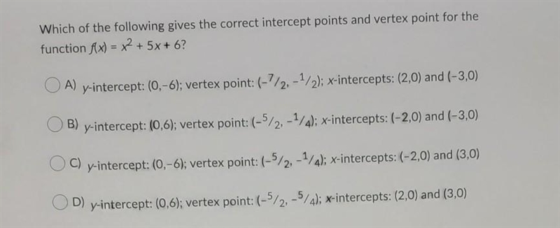 Which of the following gives the correct intercept points and vertex point for the-example-1