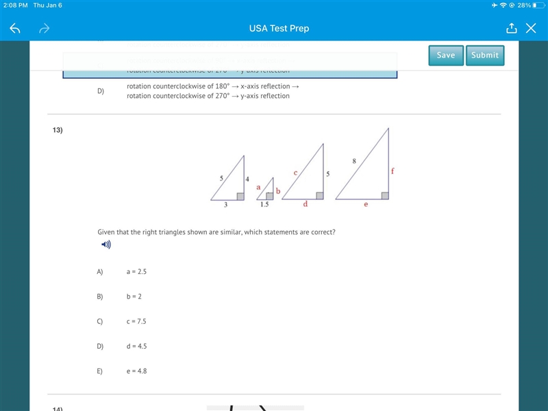 Given that the right triangles shown are similar, which statements are correct?-example-1