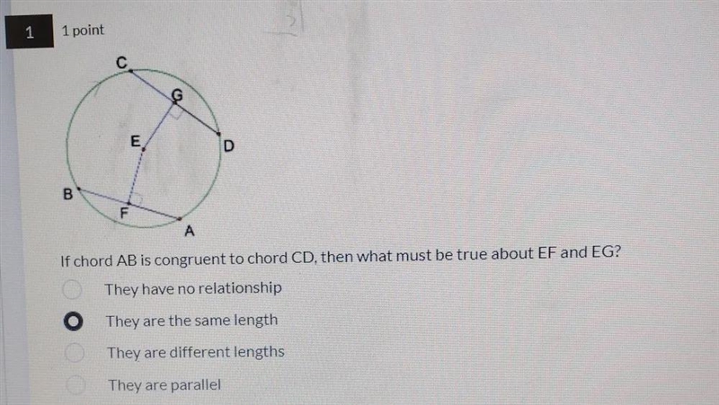 Angles, Arcs, and Segments Pretest 1 1 point 7 E B If chord AB is congruent to chord-example-1