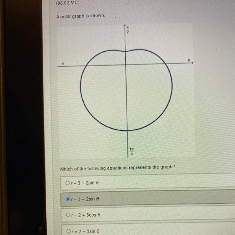 A polar graph is shown. Which of the equation shown represent the graph?-example-1