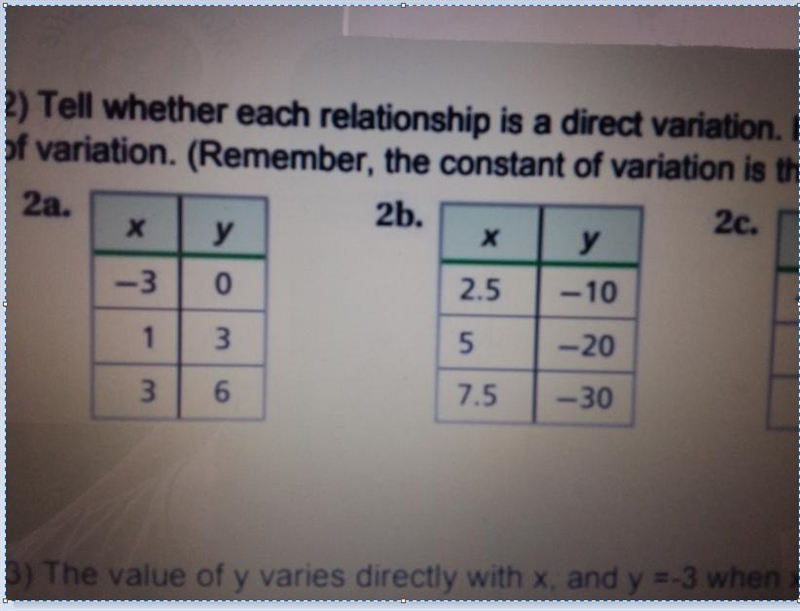 2) Tell whether each relationship is a direct variation. If it is a direct variation-example-1