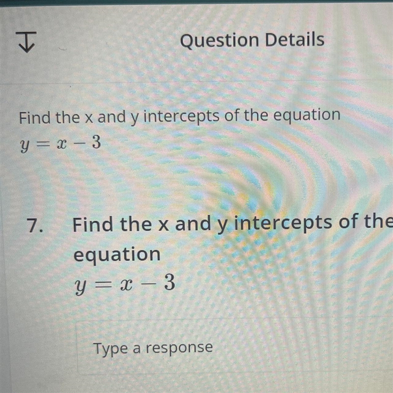 Find the X and Y intercepts for the equation Y= X - 3-example-1