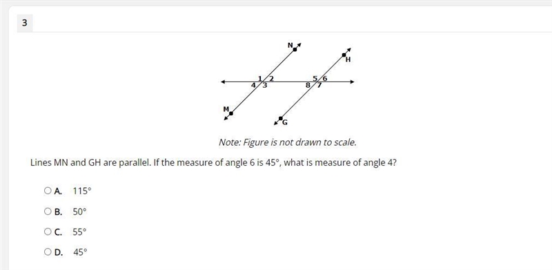 Lines MN and GH are parallel. If the measure of angle 6 is 45°, what is measure of-example-1