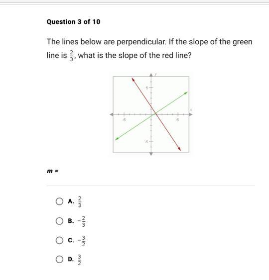 The lines below are perpendicular. If the slope of the green line is 2/3, what is-example-1