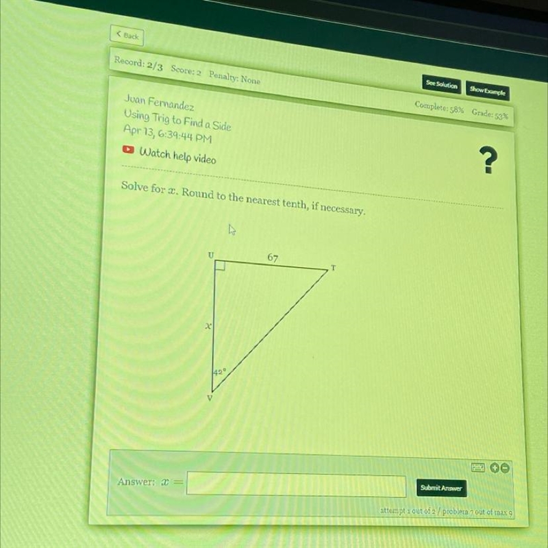 Solve for 2. Round to the nearest tenth, if necessary. B U 67 T x 142°-example-1