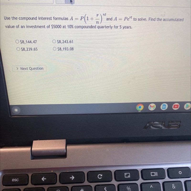 Question 2niUse the compound interest formulas A = P(1+P(1+)and A Per to solve. Find-example-1