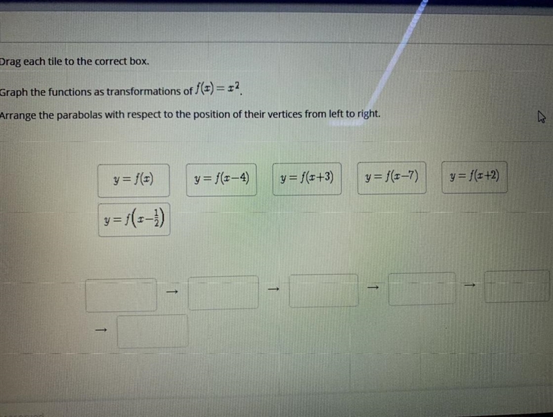 Graph the functions as transformations of f(x)=x^2.Arrange the parabolas with respect-example-1