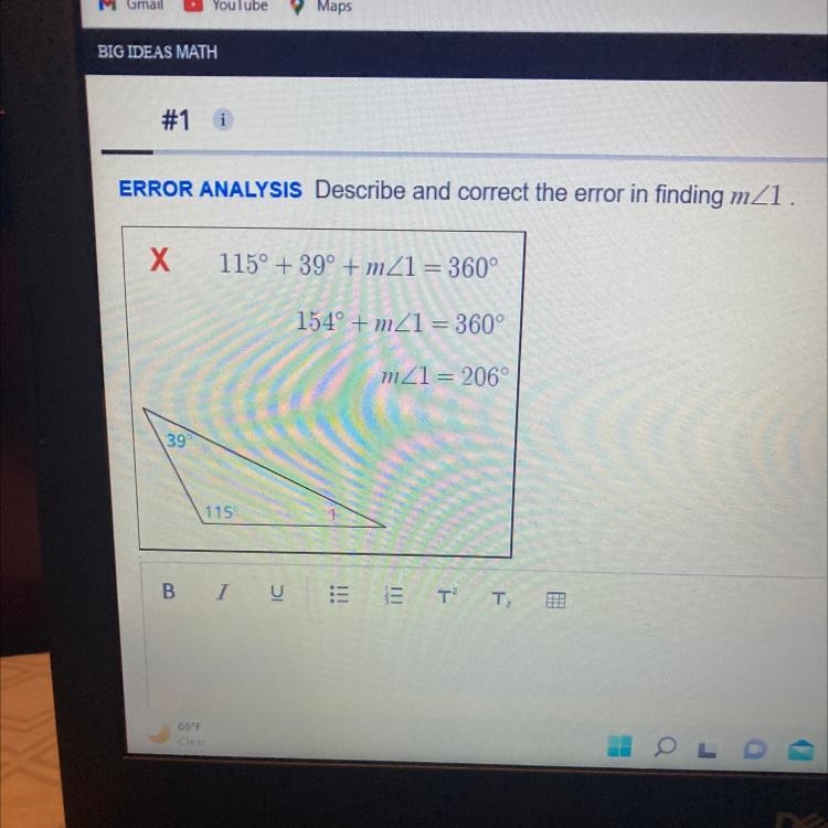 ERROR ANALYSIS Describe and correct the error in finding m<1-example-1