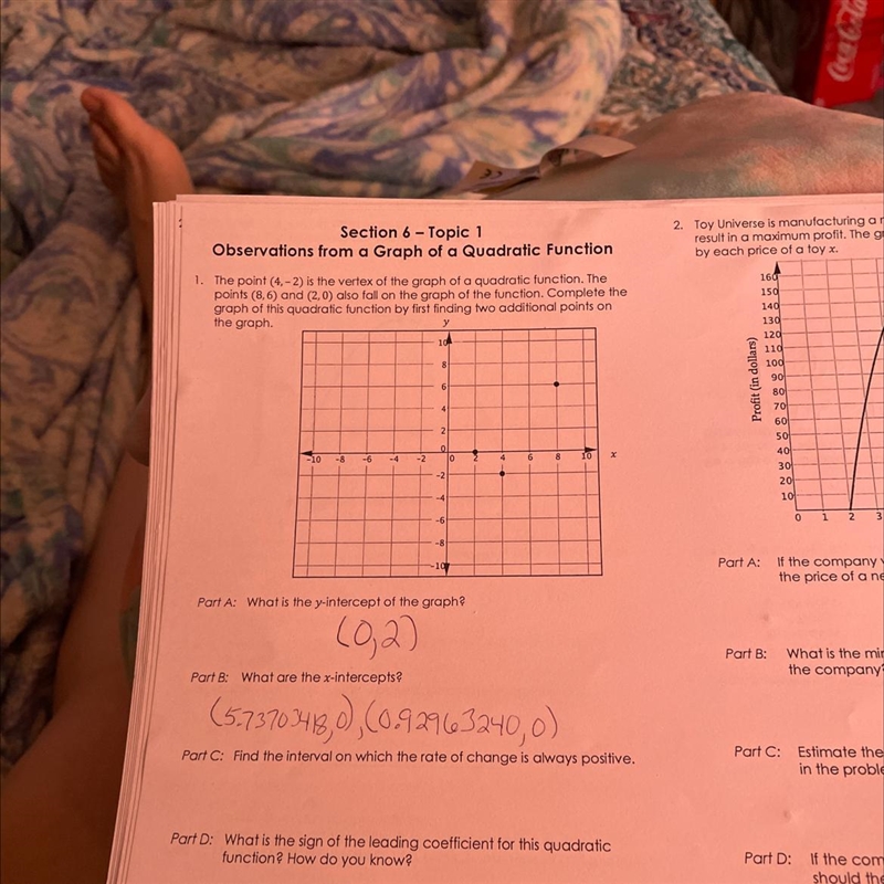 1. The point (1, - 2) is the vertex of the graph of a quadratic function. Thepoints-example-1