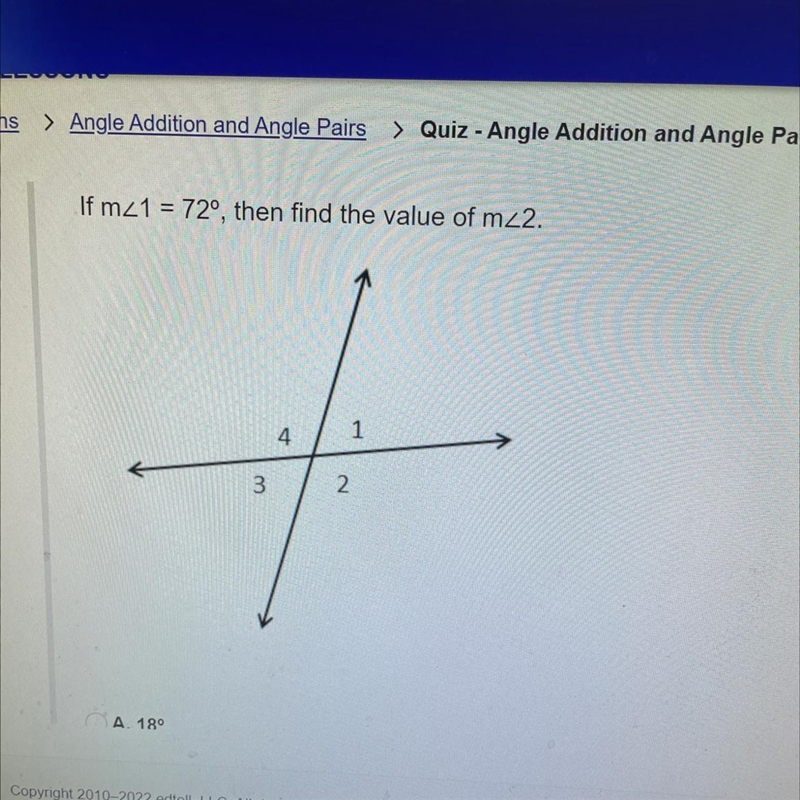 If m<1=72 then find the value of m<2 A.18 B.108 C.72 D.144-example-1