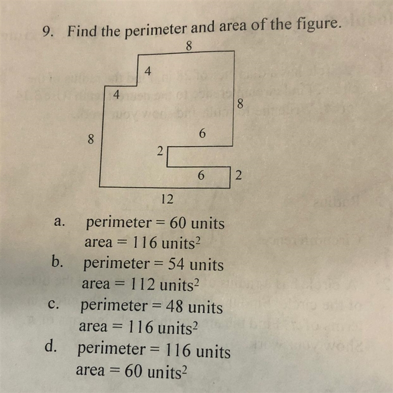 9. Find the perimeter and area of the figure. 8 6 8 2 6 2 12 Show your work.-example-1