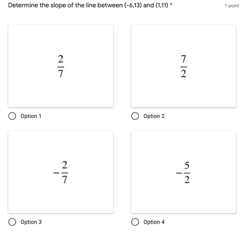 Determine the slope of the line between (-6,13) and (1,11)-example-1