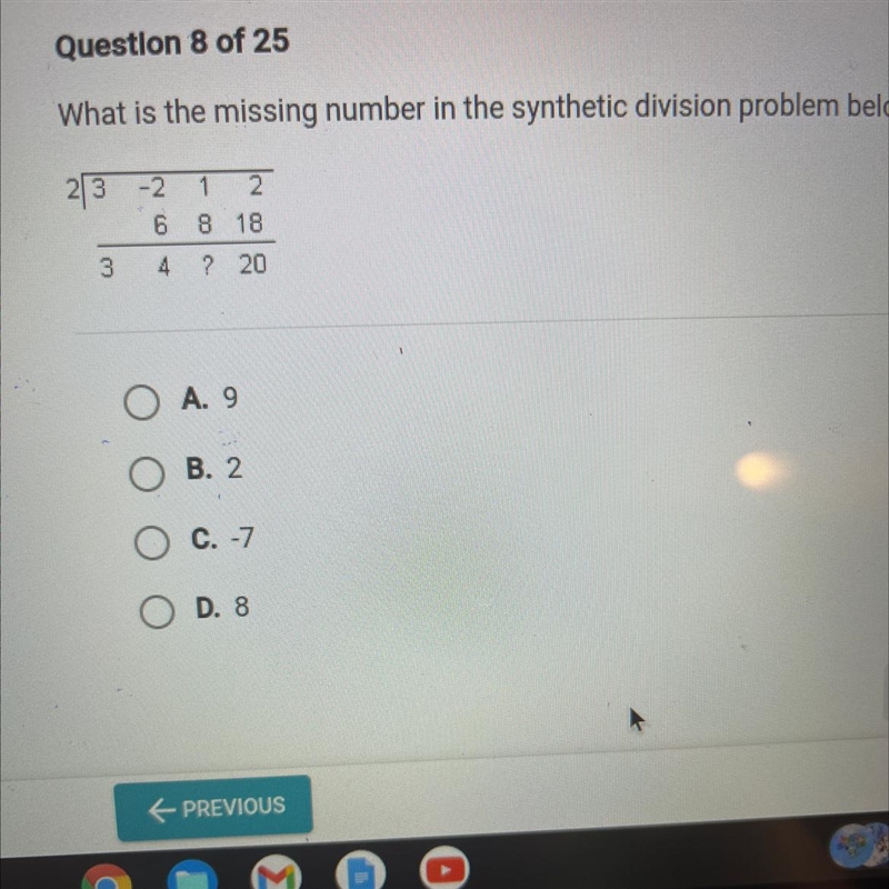 What is the missing numbers in the synthetic division problem below?-example-1