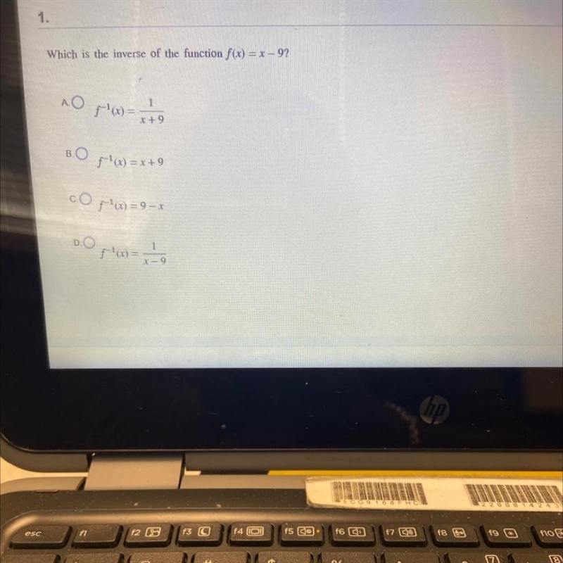 Which is the inverse of the function f(x) = x - 9?АО1f-1(x) =x + 9B.f-'(x) = x + 9CO-example-1