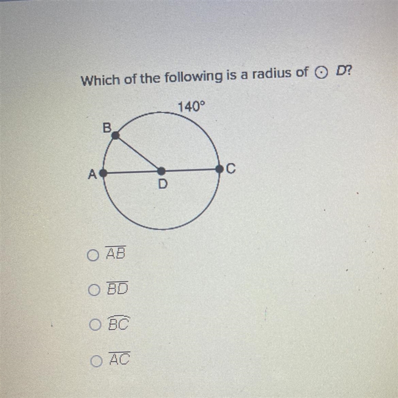 Which of the following is a radius of D? A. AB B. BD C. BC D. AC-example-1