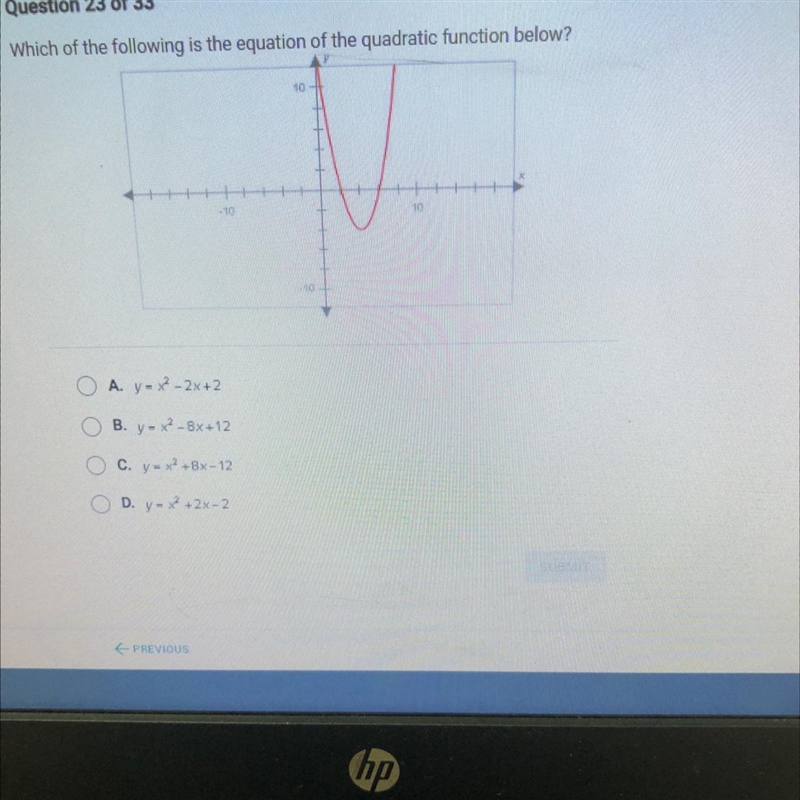 Which of the following is the equation of the quadratic function below?so-213A. yx-example-1