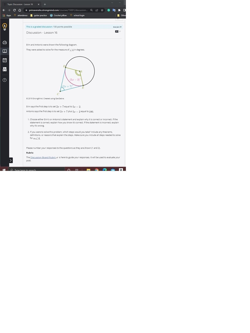 Erin says the first step is to set Latex: 2x+72x+7equal to Latex: 5x-2\textsf{.}Antonio-example-2