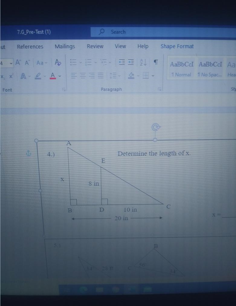 A Determine the length of x. E 8 in B D 10 in С 20 in X=-example-1