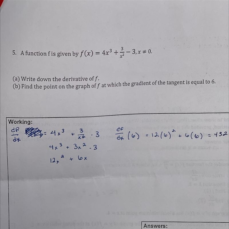 5. A function fis given by f(x) = 4x3 + - 3,x+ 0.(a) Write down the derivative off-example-1