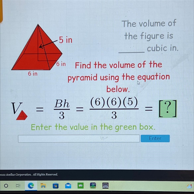 -5 inThe volume ofthe figure iscubic in.6 in6 inFind the volume of thepyramid using-example-1