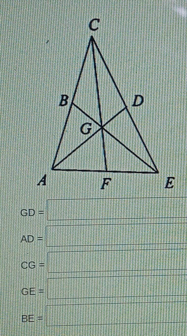 If G is the centroid of triangle ACE, AG = 8, GF = 7, BG = 5, find each measure.-example-1