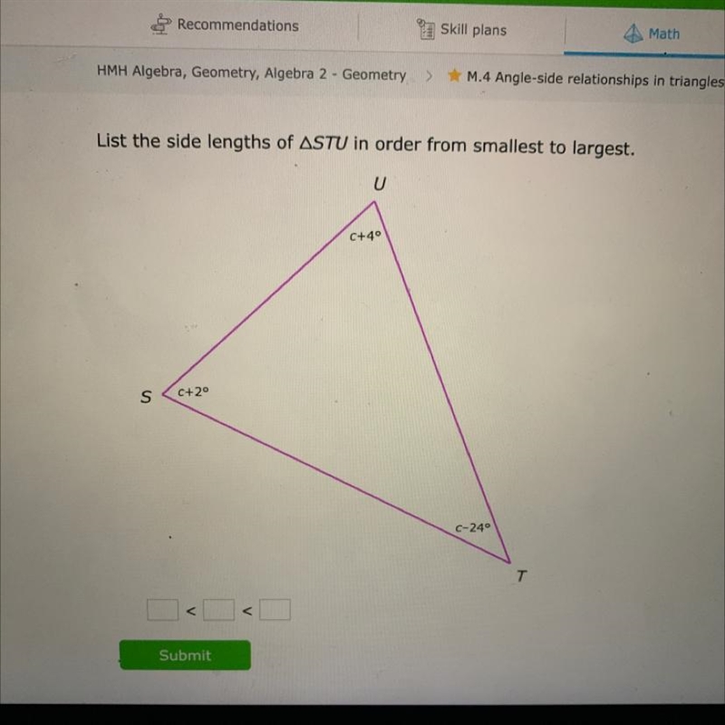 List the side lengths of △STU in order from smallest to largest.-example-1