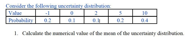 Consider the following uncertainty distribution:Value -1, 0, 2, 5, 10Probability .2, .1, .1, .2, .4Calculate-example-1