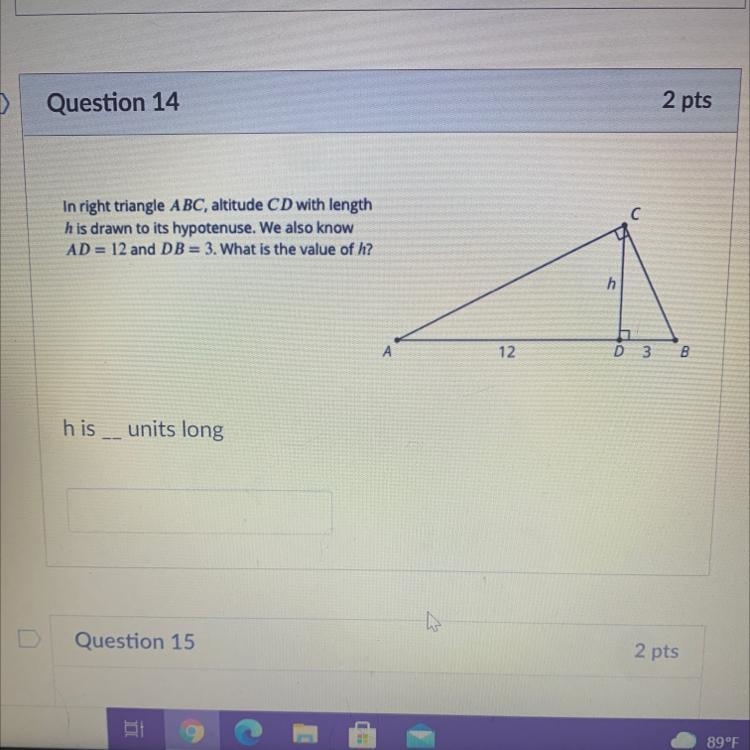 In right triangle ABC, altitude CD with lengthhis drawn to its hypotenuse. We also-example-1