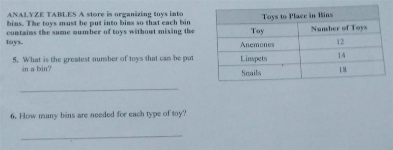 Toys to Place in Bins ANALYZE TABLES A store is organizing toys into bins. The toys-example-1