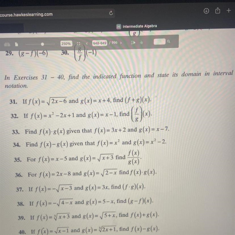 Question 37?Find the indicated function and state its domain in interval notation-example-1