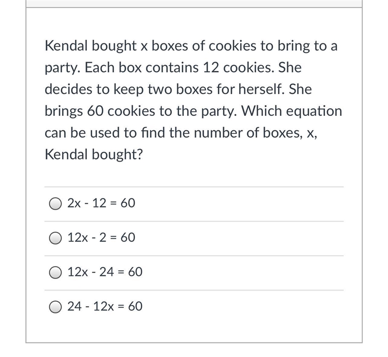 Kendal bought x boxes of cookies to bring to a party. Each box contains 12 cookies-example-1