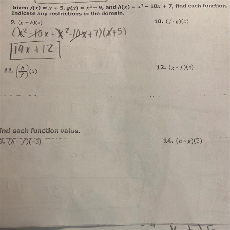 Given f(x) = x + 5 , g(x) = x ^ 2 - 9 , and h(x) = x ^ 2 - 10x + 7 find each function-example-1