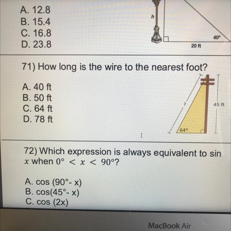 71) How long is the wire to the nearest foot?A. 40 ftB. 50 ftC. 64 ftD. 78 ft-example-1