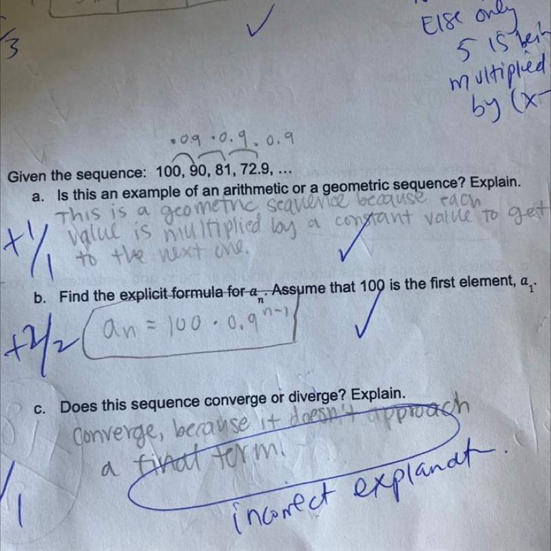 Does the sequence 100, 90, 81, 72.9,….. converge or diverge and why?-example-1