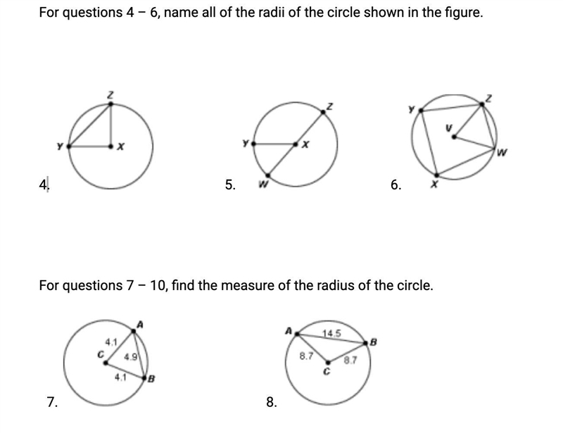 For questions 4 – 6, name all of the radii of the circle shown in the figure. For-example-1