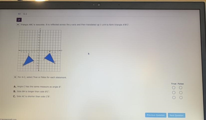 Triangle ABC is isosceles. It is reflected across the y- axis and then translated-example-1