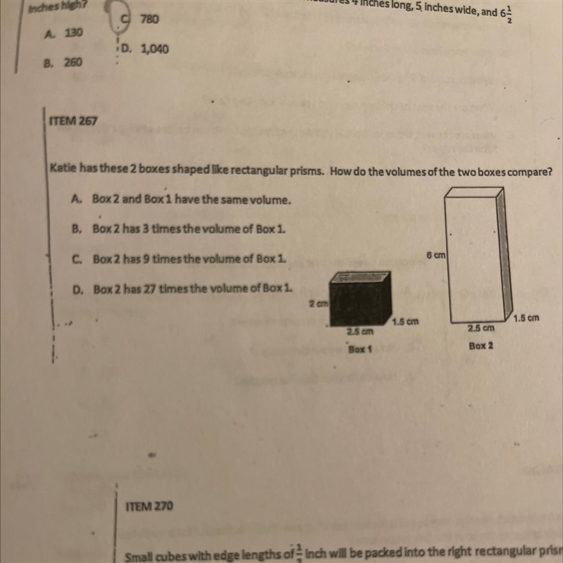 Katie has these 2 boxes shaped likerectangular prísms. How do the volumes of the two-example-1