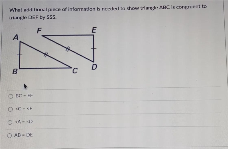 What additional piece of information is needed to show triangle ABC is congruent to-example-1