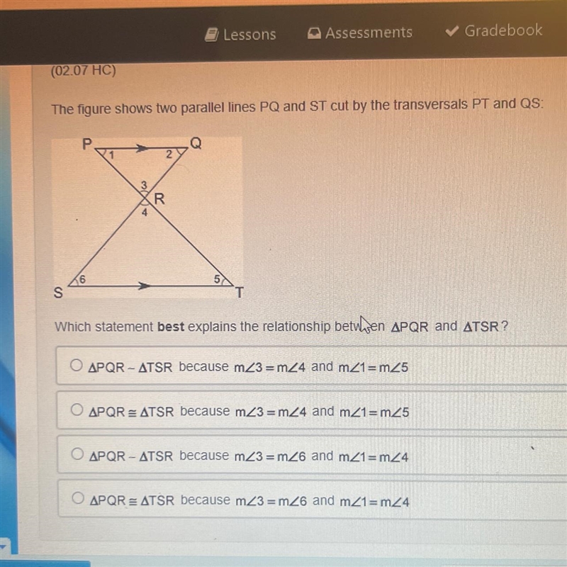 The figure shows two parallel lines PQ and ST cut by the transversals PT and QS:-example-1