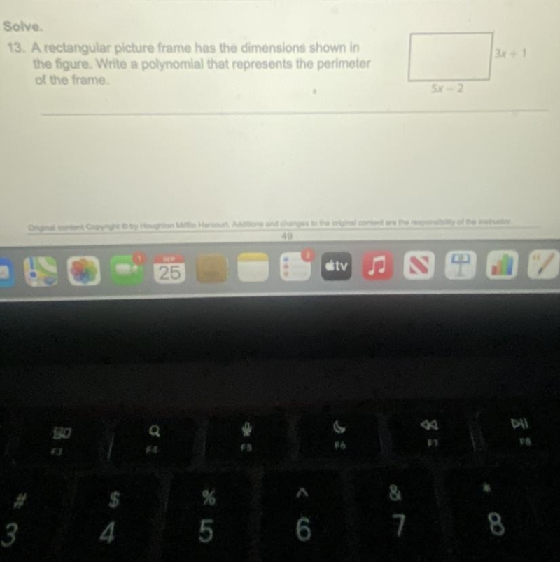 Solve. 13. A rectangular picture frame has the dimensions shown in the figure. Write-example-1