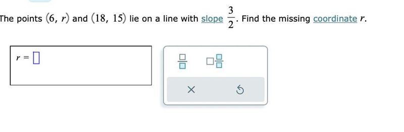 The points 6, r and 18, 15 lie on a line with slope 3/2. Find the missing coordinate-example-1