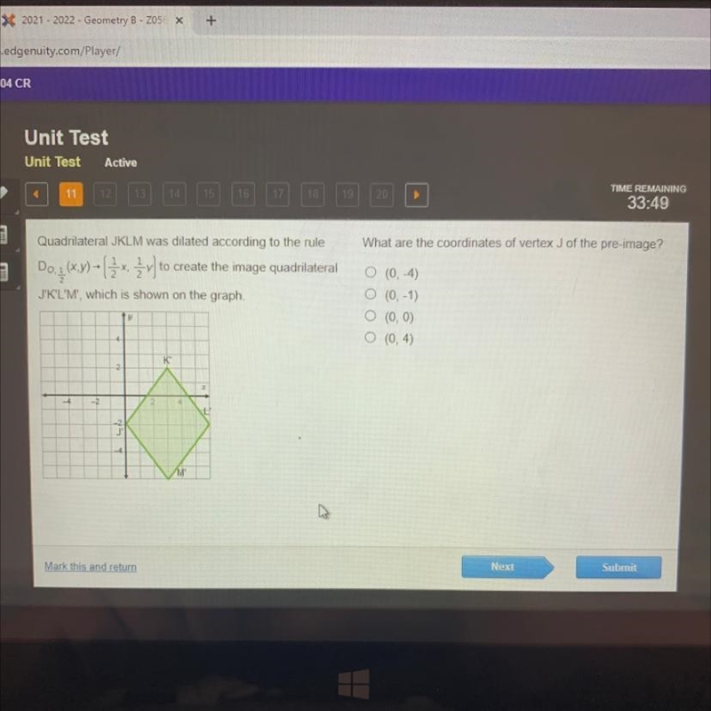 What are the coordinates of vertex J of the pre-image? O (0, -4) O (0, -1) 0 (0,0) 0 (0, 4)-example-1